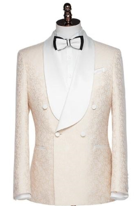 Newest Champagne Shawl Lapel Double Breasted Jacquard Wedding Suit