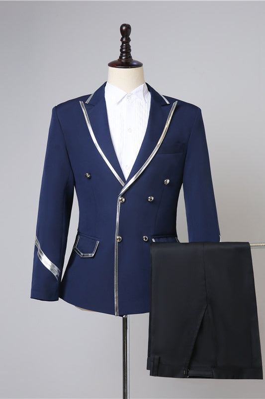 Navy Blue Double Breasted Peaked Lapel New Arrival Prom Suit