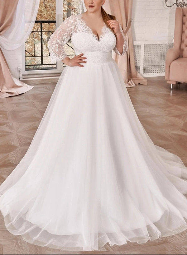 A-Line Wedding Dresses with Curve Lace Plunge Sleeves