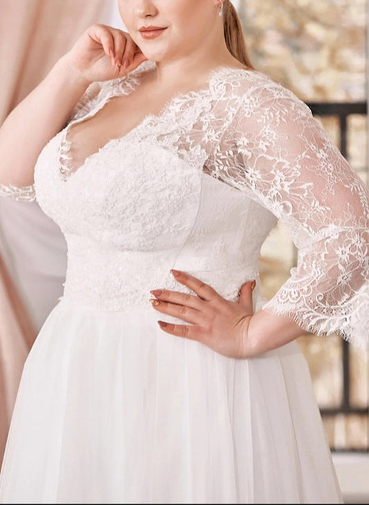 A-Line Wedding Dresses with Curve Lace Plunge Sleeves