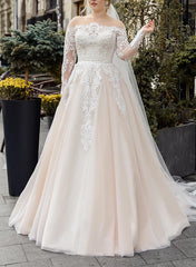 Off-The-Shoulder Long Sleeves Ball Gown Wedding Dresses With Boho Lace/Tulle