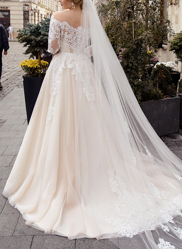 Off-The-Shoulder Long Sleeves Ball Gown Wedding Dresses With Boho Lace/Tulle