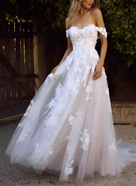 Off-The-Shoulder Tulle Lace Wedding Dress With Appliques Lace