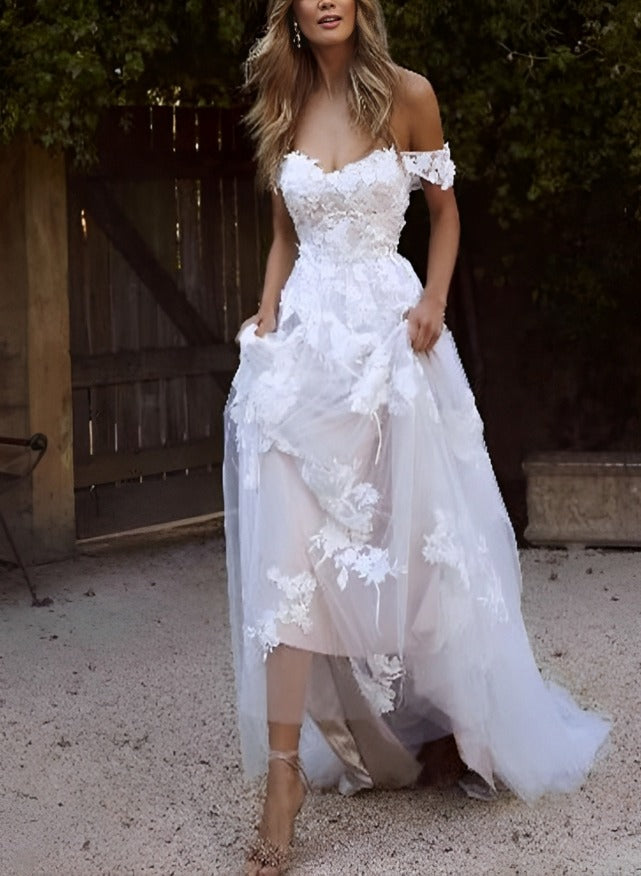 Off-The-Shoulder Tulle Lace Wedding Dress With Appliques Lace