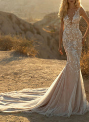 Illusion Neck Tulle Wedding Dresses With Appliques Lace