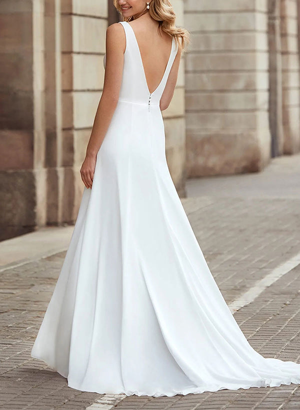 A-Line V-Neck Sleeveless Elastic Satin Wedding Dresses With Front Split