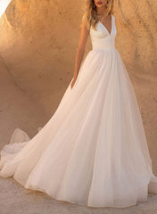 Elegant Satin/Tulle Wedding Dresses with A-Line V-Neck and Sleeveless Design Court Train