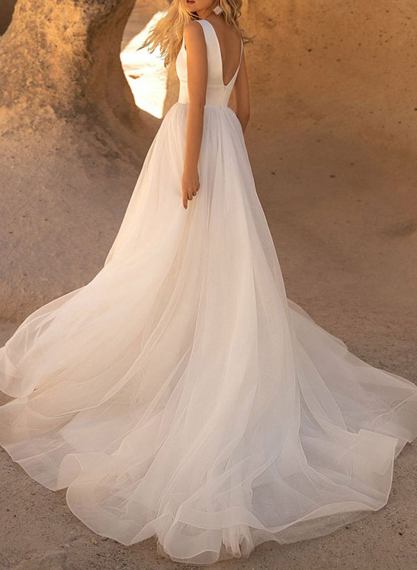 Elegant Satin/Tulle Wedding Dresses with A-Line V-Neck and Sleeveless Design Court Train