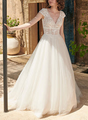 Boho A-Line V-Neck Open Back Short Sleeves Lace Tulle Wedding Dress