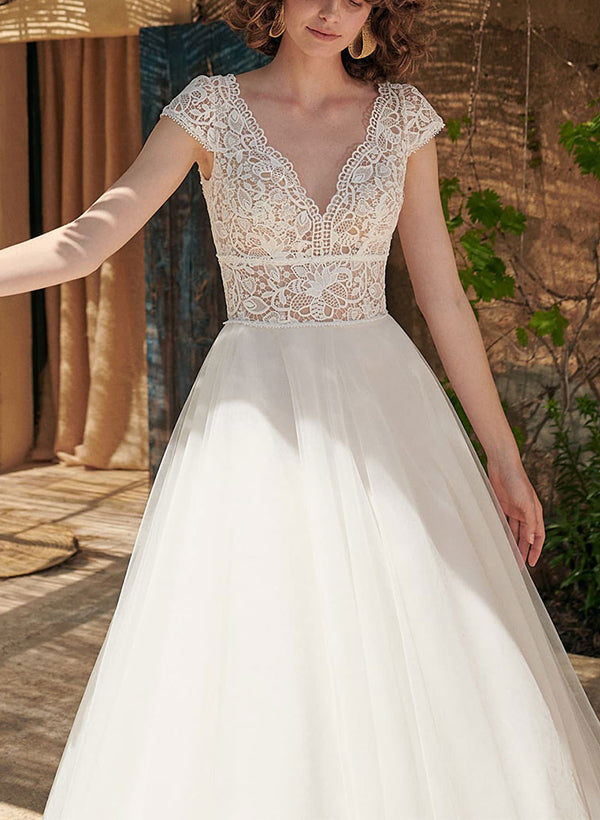 Boho A-Line V-Neck Open Back Short Sleeves Lace Tulle Wedding Dress