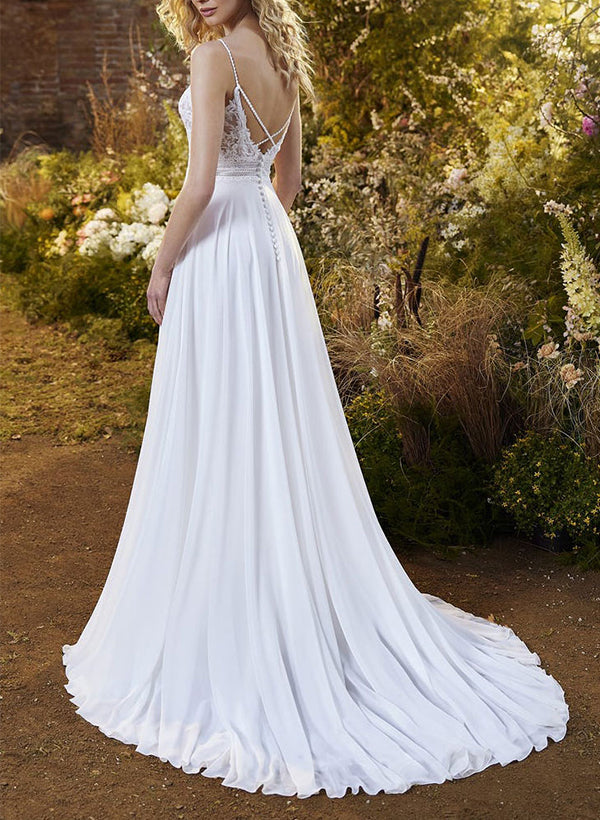 A-Line V-Neck Tulle Wedding Dresses With Split Front/Appliques Lace