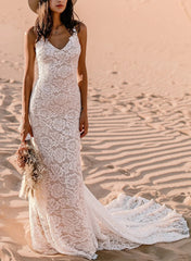 Boho Lace Open Back Mermaid Wedding Dresses With Court Train