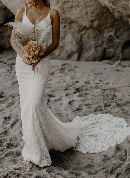 Boho Lace Open Back Mermaid Wedding Dresses With Court Train