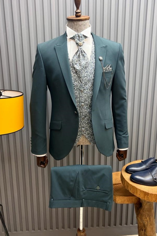 Ocean Blue Peaked Lapel 3-Piece Prom Suit with Jacquard Vest