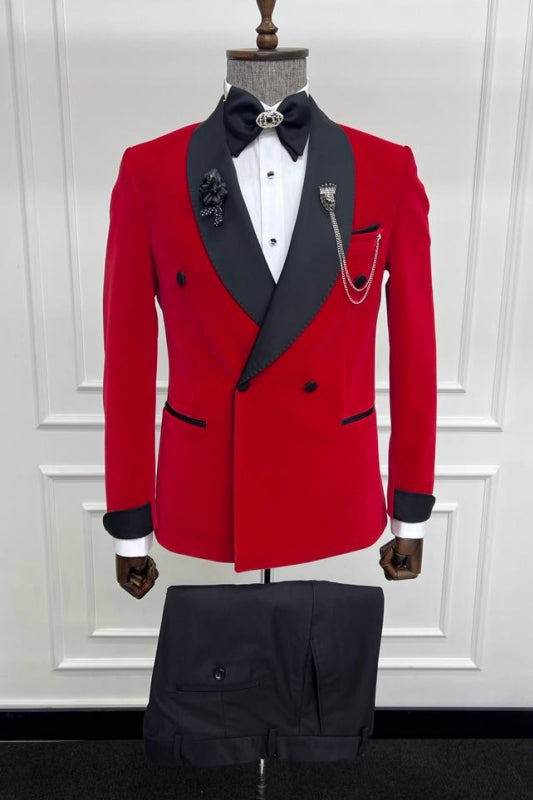 Simple Red Shawl Lapel Double Breasted Wedding Suit