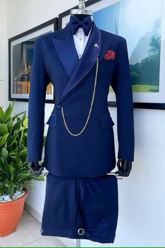 Dark Blue Peaked Lapel 2-Piece Stylish Prom Suit