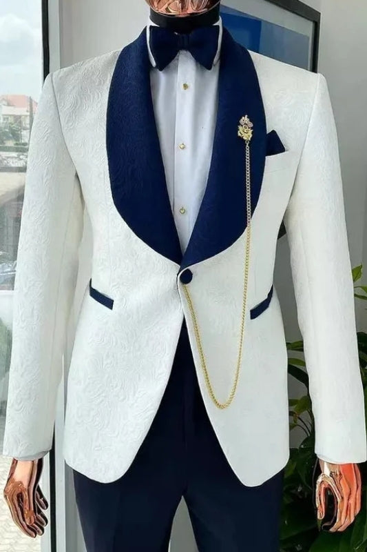 Chic White Jacquard Wedding Suit with Navy Blue Shawl Lapel