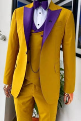 Special Gold 3-Piece Prom Suit with Purple Lapel