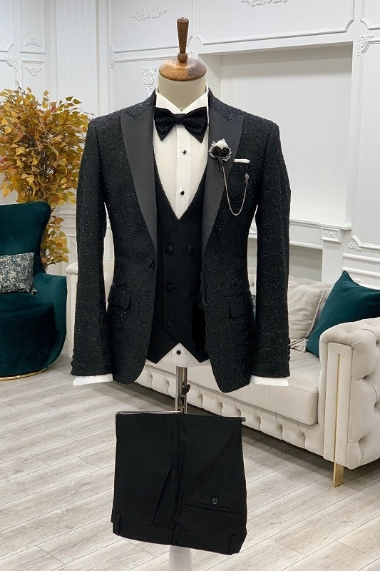 Formal Black Jacquard Peaked Lapel 3-Piece Prom Suit