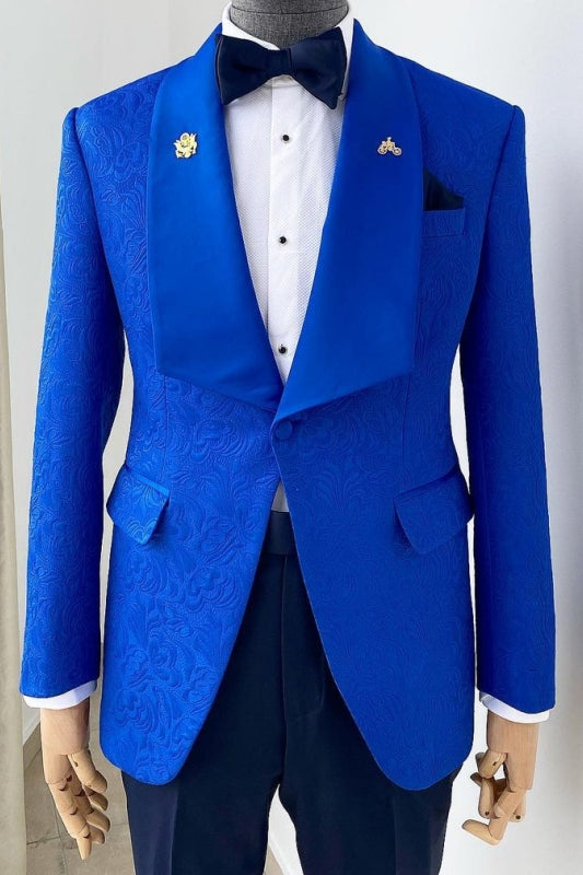 Royal Blue Shawl Lapel Slim Fit Jacquard Wedding Suit