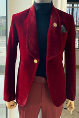 Burgundy Shawl Lapel 2-Piece Slim Fit Velvet Wedding Suit