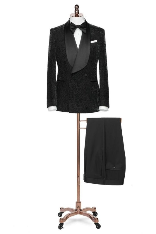 Formal Black Shawl Lapel Double Breasted Jacquard Wedding Suit