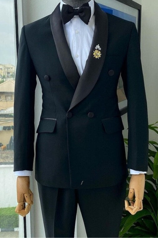 Bespoke Black Shawl Lapel Double Breasted Wedding Suit