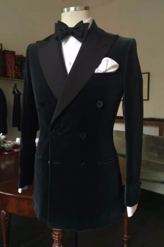 Double Breasted Black Peaked Lapel Newest Velvet Prom Suit