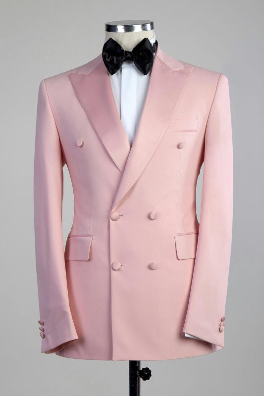 Pink Peaked Lapel Double Breasted Close Fitting Prom Suit