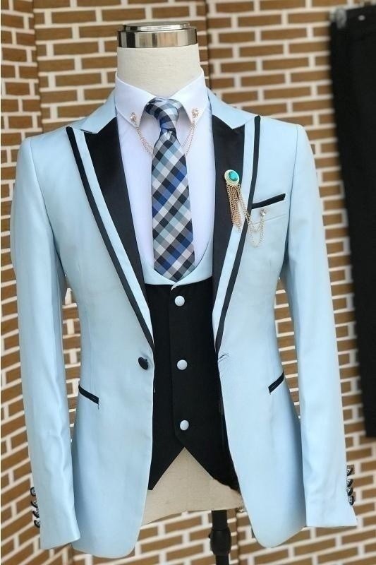 Fancy Light Blue 3-Piece Prom Suit with Black Lapel