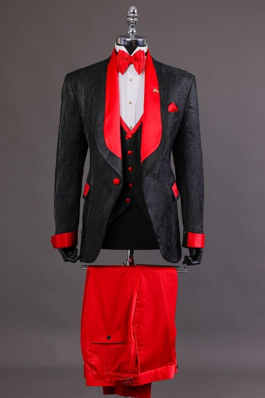 Chic Black Jacquard 3-Piece Wedding Suit with Red Lapel