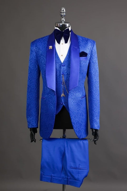 Royal Blue Jacquard Shawl Lapel 3-Piece Bespoke Wedding Suit