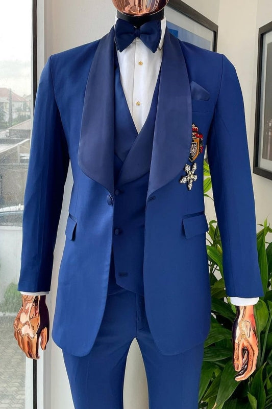 Fancy Blue 3-Piece Wedding Suit with Navy Blue Shawl Lapel