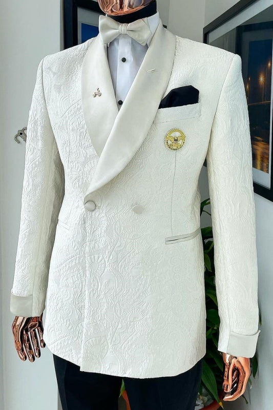 Bespoke White Shawl Lapel Double Breasted Jacquard Wedding Suit