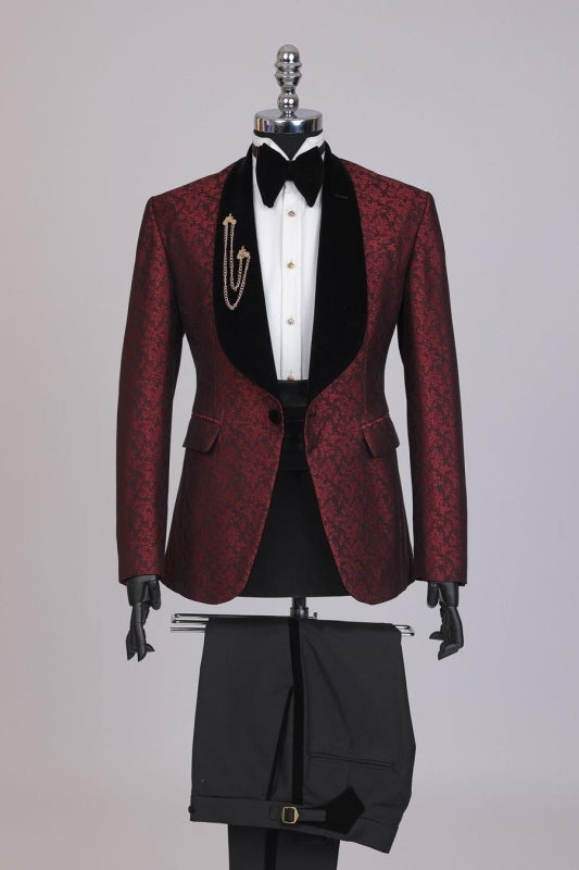 Glamorous Dark Red Jacquard Wedding Suit with Black Shawl Lapel