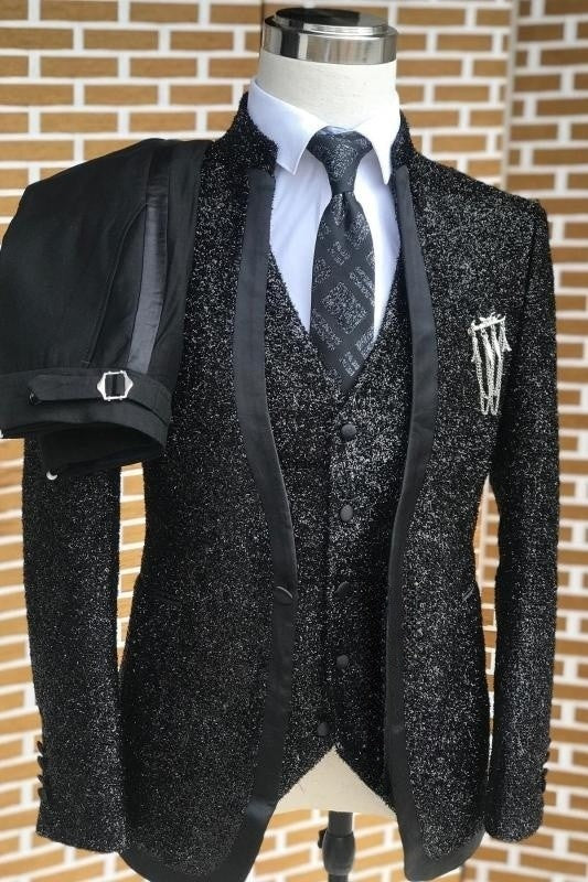 Stylish Black Sequins Shawl Lapel 3-Piece Wedding Suit