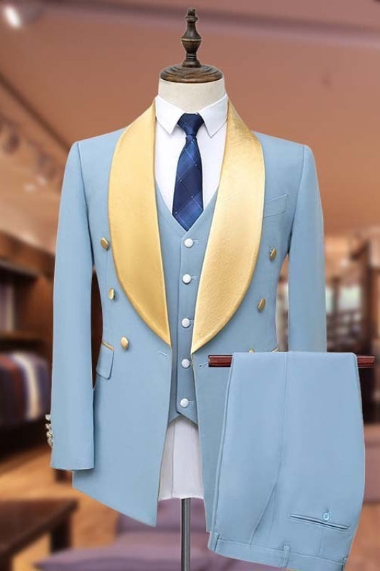 3-Piece Light Blue Bespoke Wedding Suit with Satin Lapel