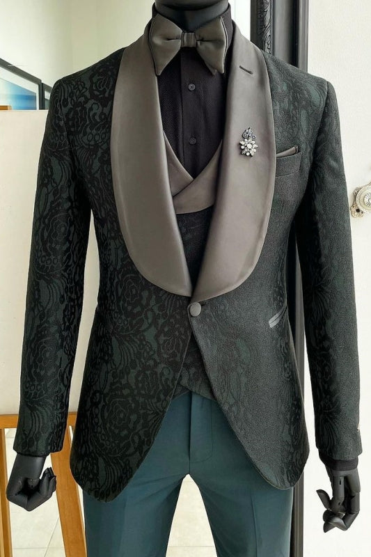 Dark Green Shawl Lapel 3-Piece Slim Fit Jacquard Wedding Suit