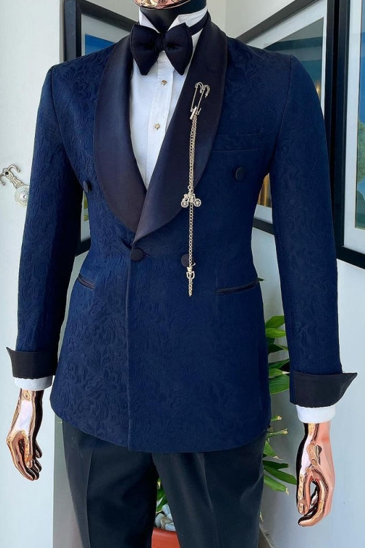 Classic Dark Blue Shawl Lapel Double Breasted Jacquard Wedding Suit