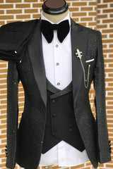 Black Peaked Lapel 3-Piece Sequins Close Fitting Prom Suit