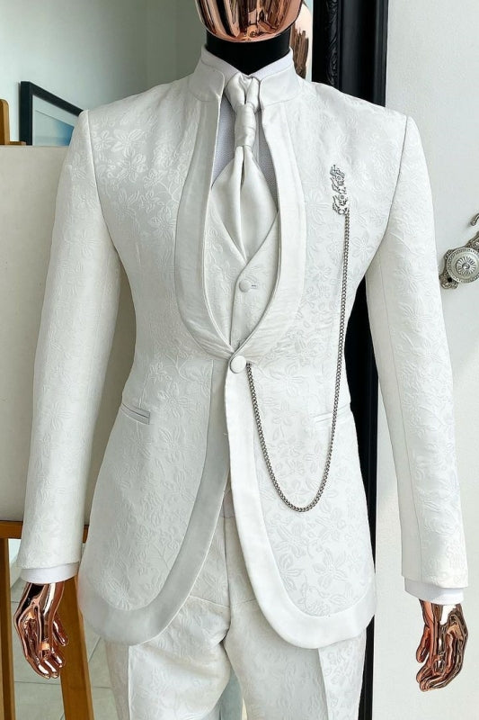 Fashion White Shawl Lapel 3-Piece Jacquard Wedding Suit