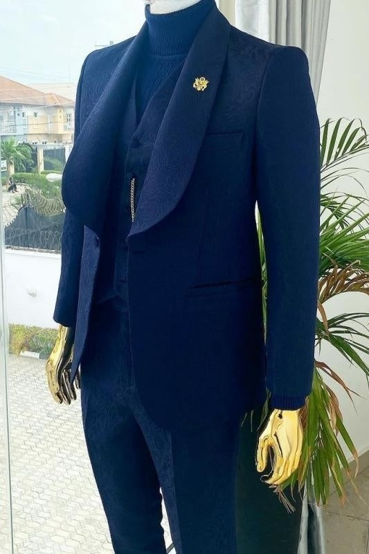 Navy Blue Shawl Lapel 3-Piece Jacquard Wedding Suit