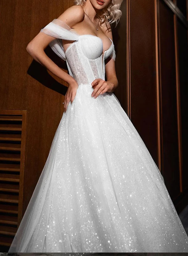 Off-The-Shoulder Sleeveless Ball-Gown Wedding Dress with Sweep Train and Sequins