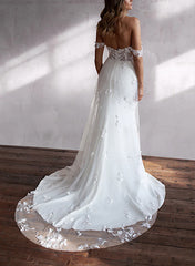 Sweetheart Long Sleeve Lace/Elastic Satin Wedding Dress with Sheath Silhouette and Sweep Train