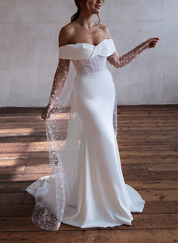 Off-The-Shoulder Long Sleeves Sweep Train Lace/Elastic Satin Wedding Dress With Lace