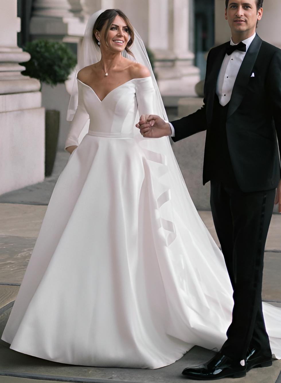 Off-The-Shoulder Wedding Dresses with Elegant Ball-Gown Long Sleeves