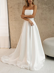 Elegant Satin Wedding Dresses with A-Line Silhouette Strapless Design Sleeveless Style and Sweep Train