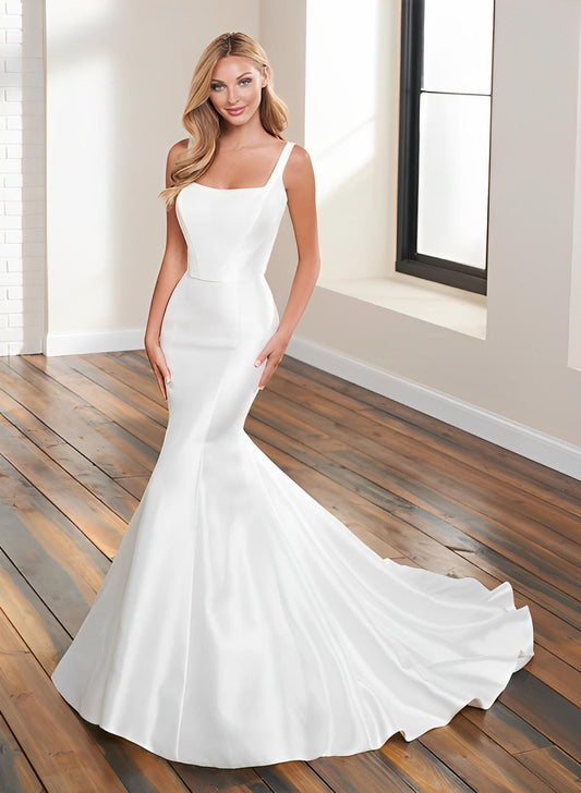 Elastic Satin Mermaid Wedding Dresses With Lace Sleeveless Court Train Square Neckline