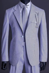 Blue Striped Notched Lapel Fitted Business Suit