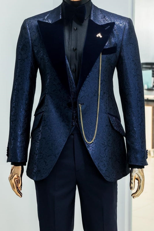 Navy Blue Peaked Lapel Jacquard 3-Piece New Arrival Prom Suit